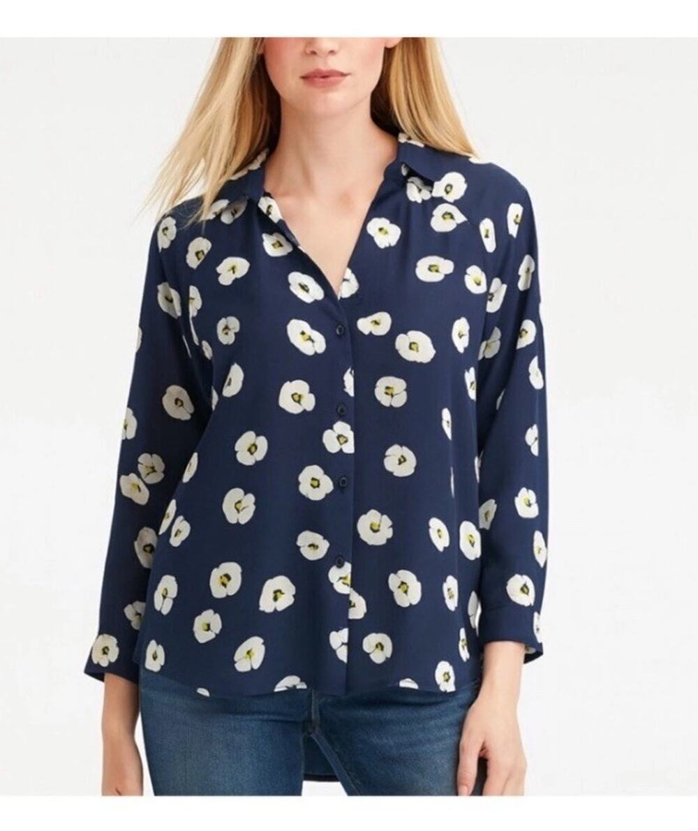 Cabi Go To navy blue white floral button down top size Extra Small XS #5705 CL